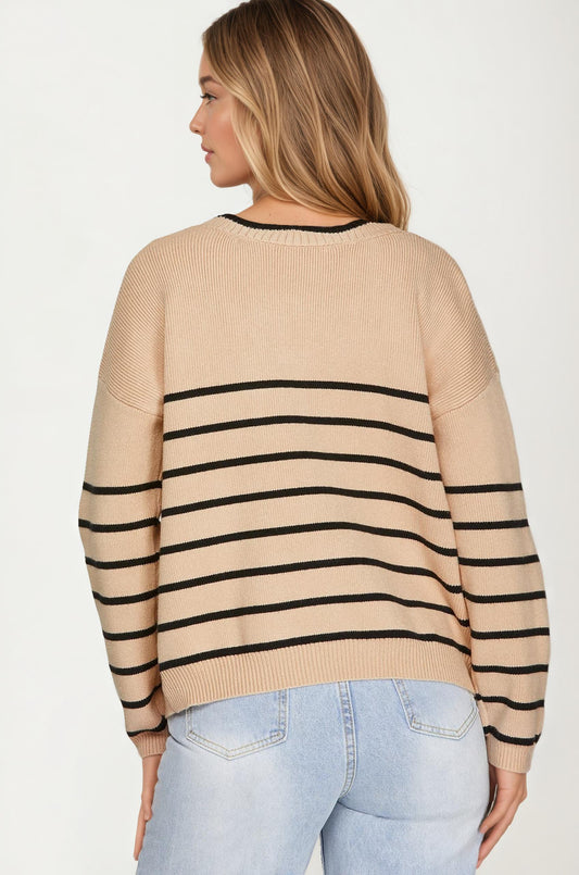 Striped Crewneck Knit Sweater with Long Sleeves