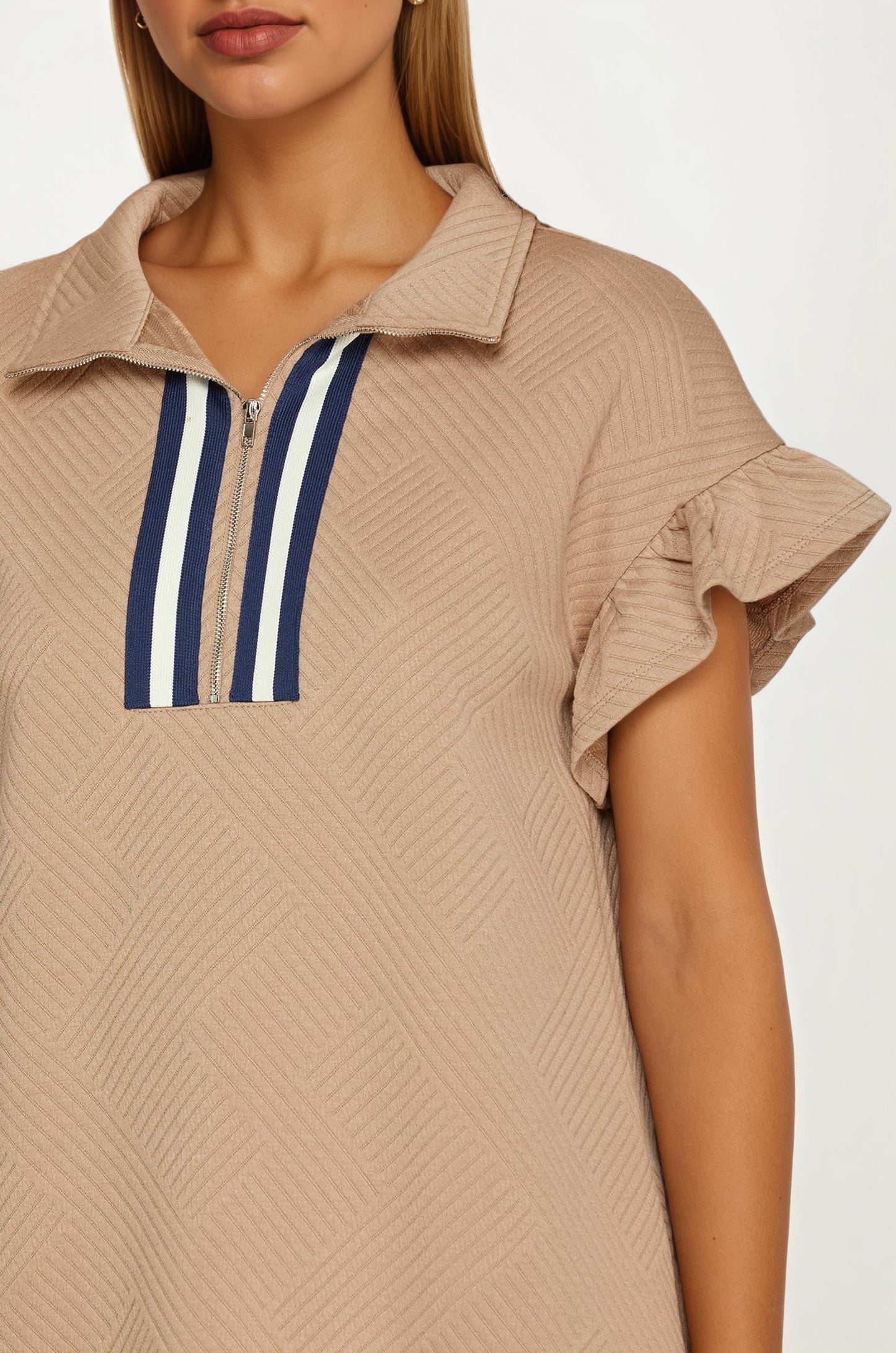 Textured Flutter Sleeve Mini Dress with Zip Detail