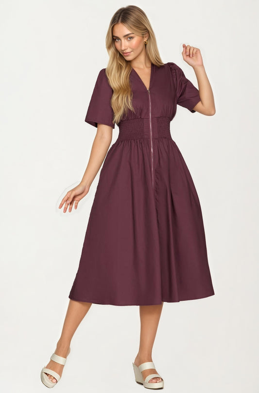 Neutral Zip-Front Midi Dress with Smocked Waist and Short Sleeves