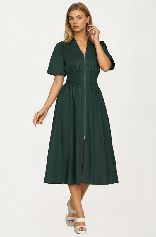 Neutral Zip-Front Midi Dress with Smocked Waist and Short Sleeves