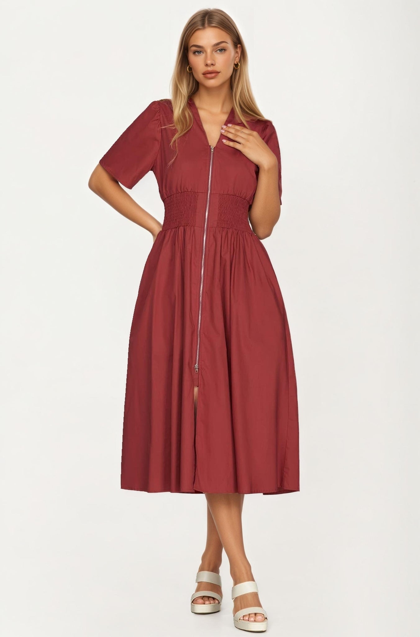 Neutral Zip-Front Midi Dress with Smocked Waist and Short Sleeves