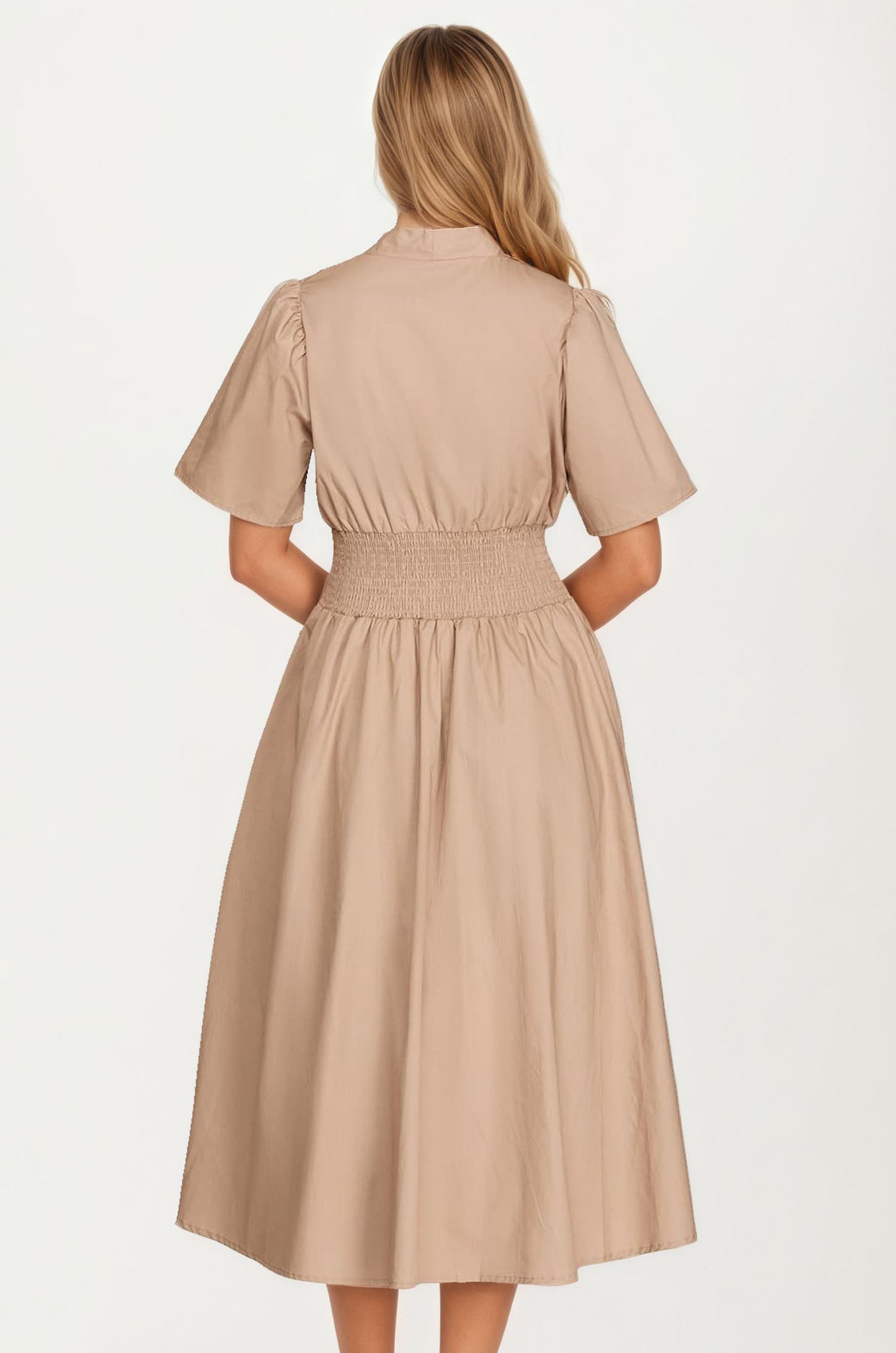 Neutral Zip-Front Midi Dress with Smocked Waist and Short Sleeves