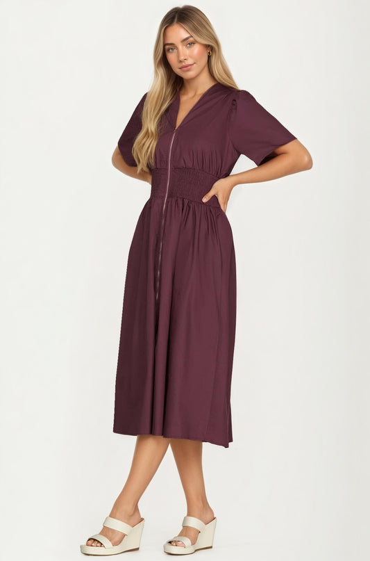 Neutral Zip-Front Midi Dress with Smocked Waist and Short Sleeves