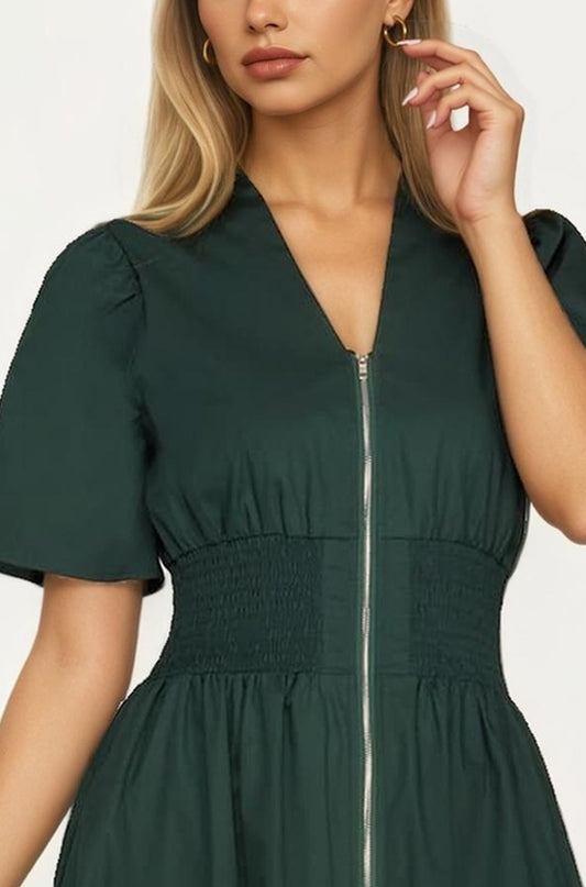 Neutral Zip-Front Midi Dress with Smocked Waist and Short Sleeves
