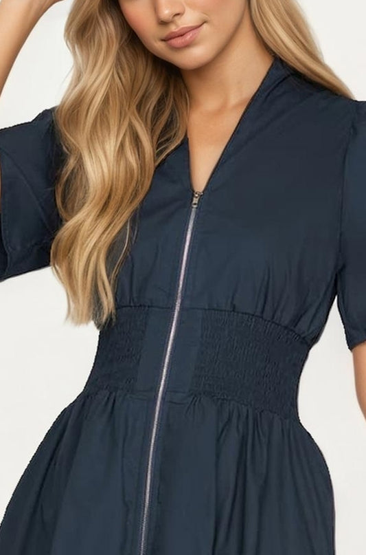 Neutral Zip-Front Midi Dress with Smocked Waist and Short Sleeves