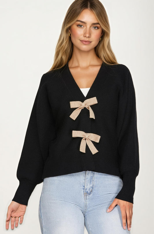 Bow Front Knit Cardigan with Long Sleeves
