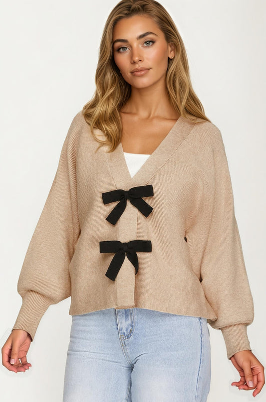 Bow Front Knit Cardigan with Long Sleeves