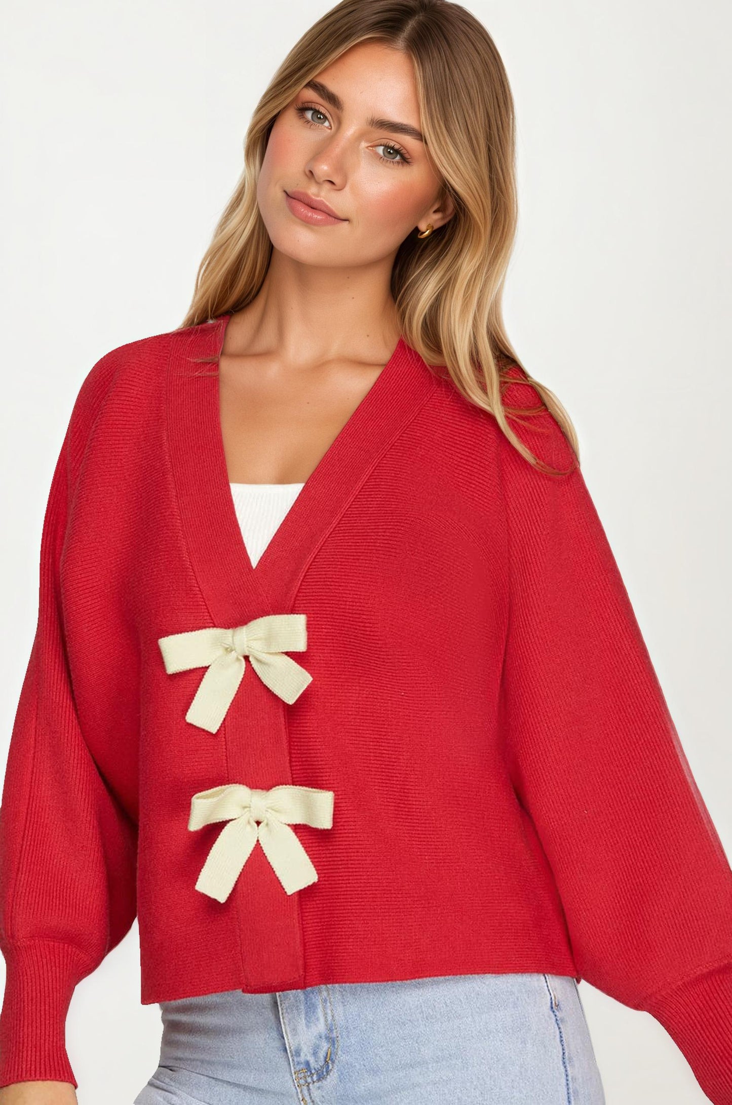 Bow Front Knit Cardigan with Long Sleeves