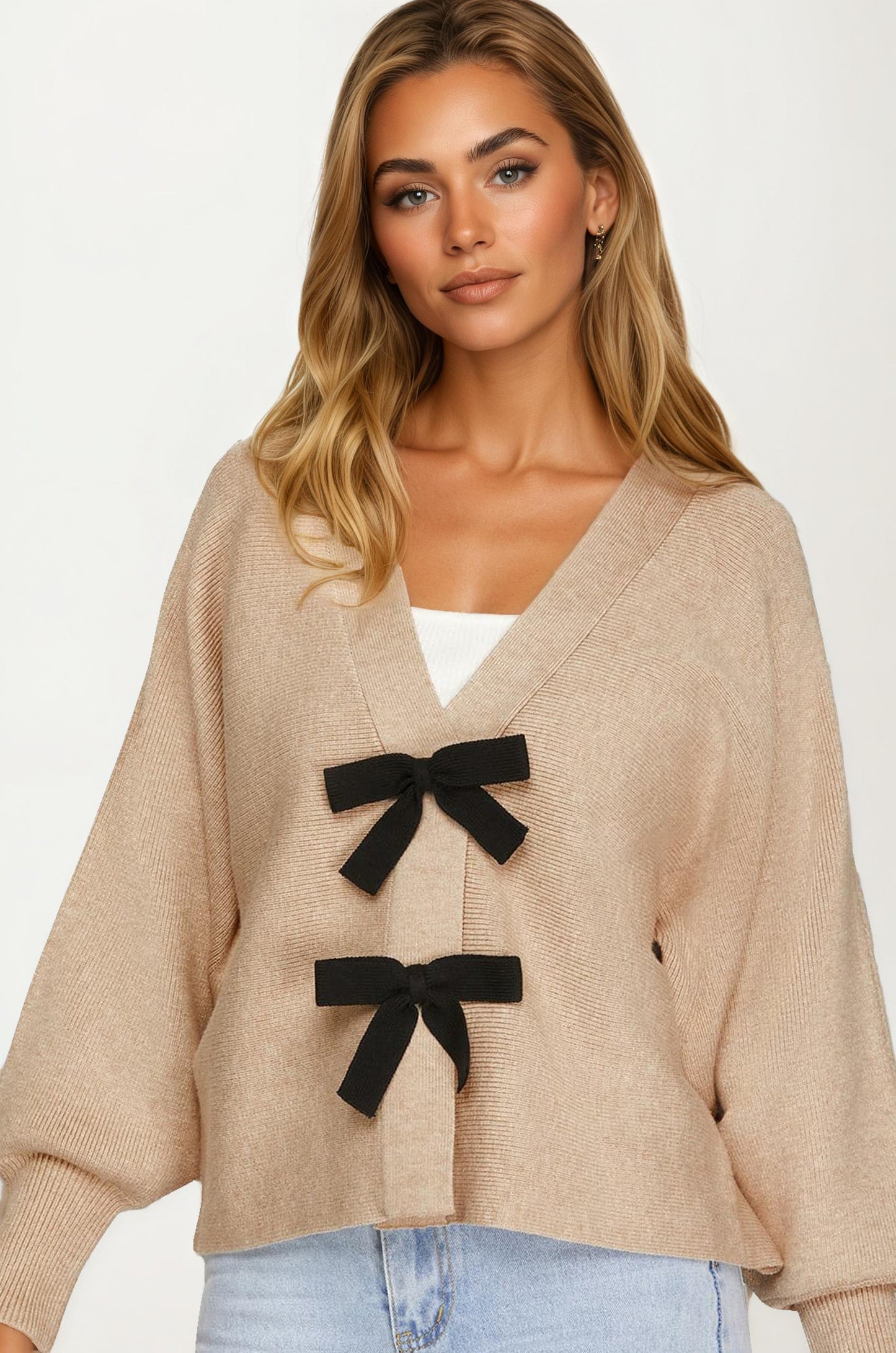 Bow Front Knit Cardigan with Long Sleeves