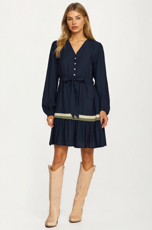 Long Sleeve Button Front Mini Dress with Tie Waist