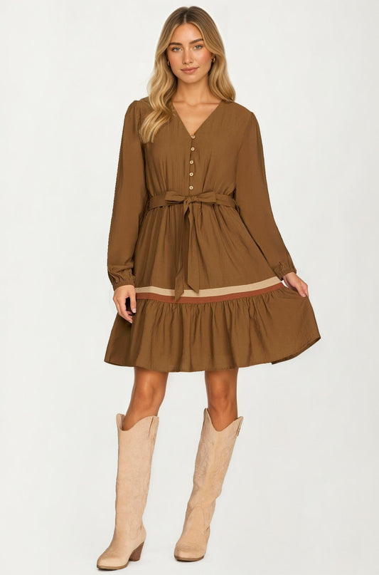 Long Sleeve Button Front Mini Dress with Tie Waist
