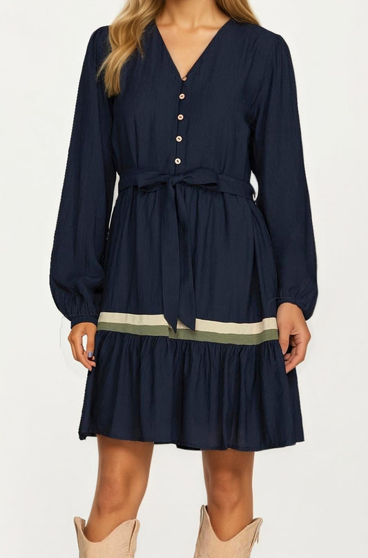 Long Sleeve Button Front Mini Dress with Tie Waist
