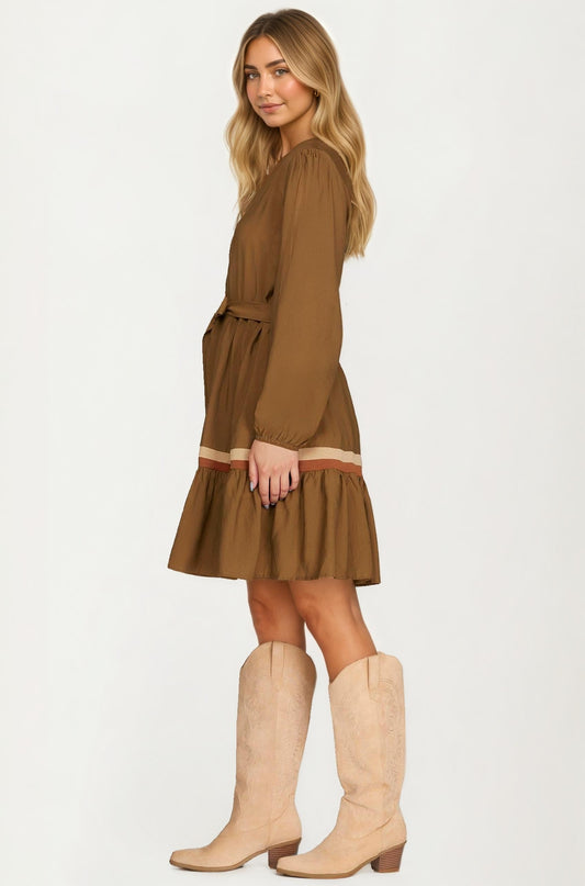 Long Sleeve Button Front Mini Dress with Tie Waist