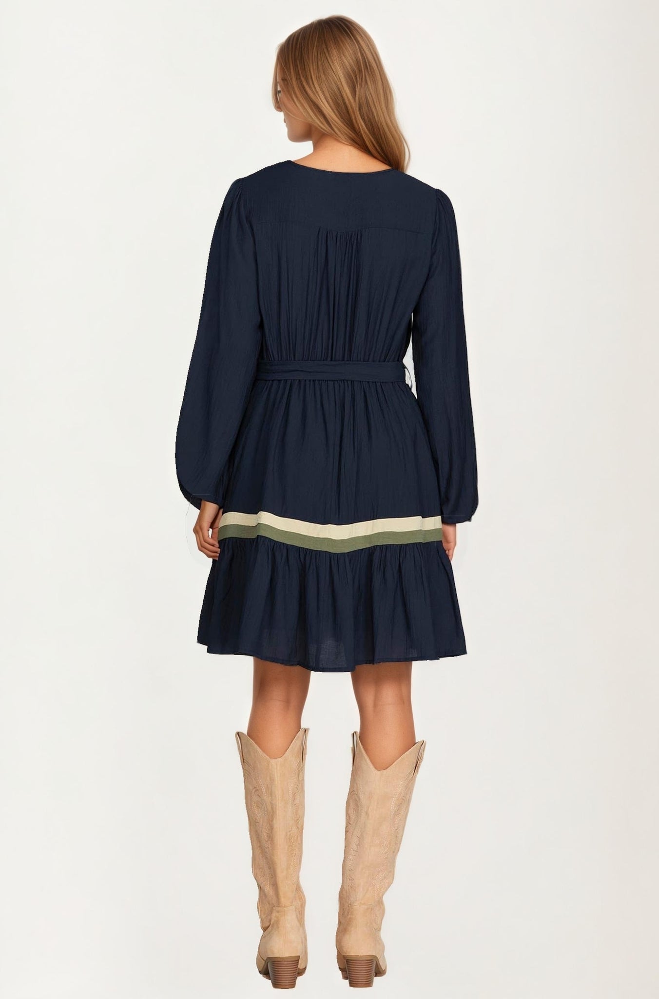 Long Sleeve Button Front Mini Dress with Tie Waist
