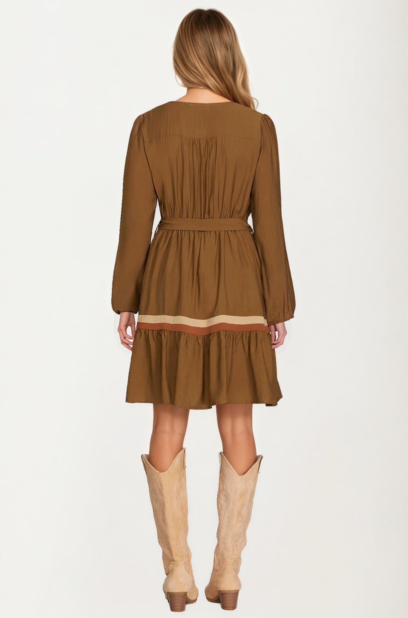 Long Sleeve Button Front Mini Dress with Tie Waist