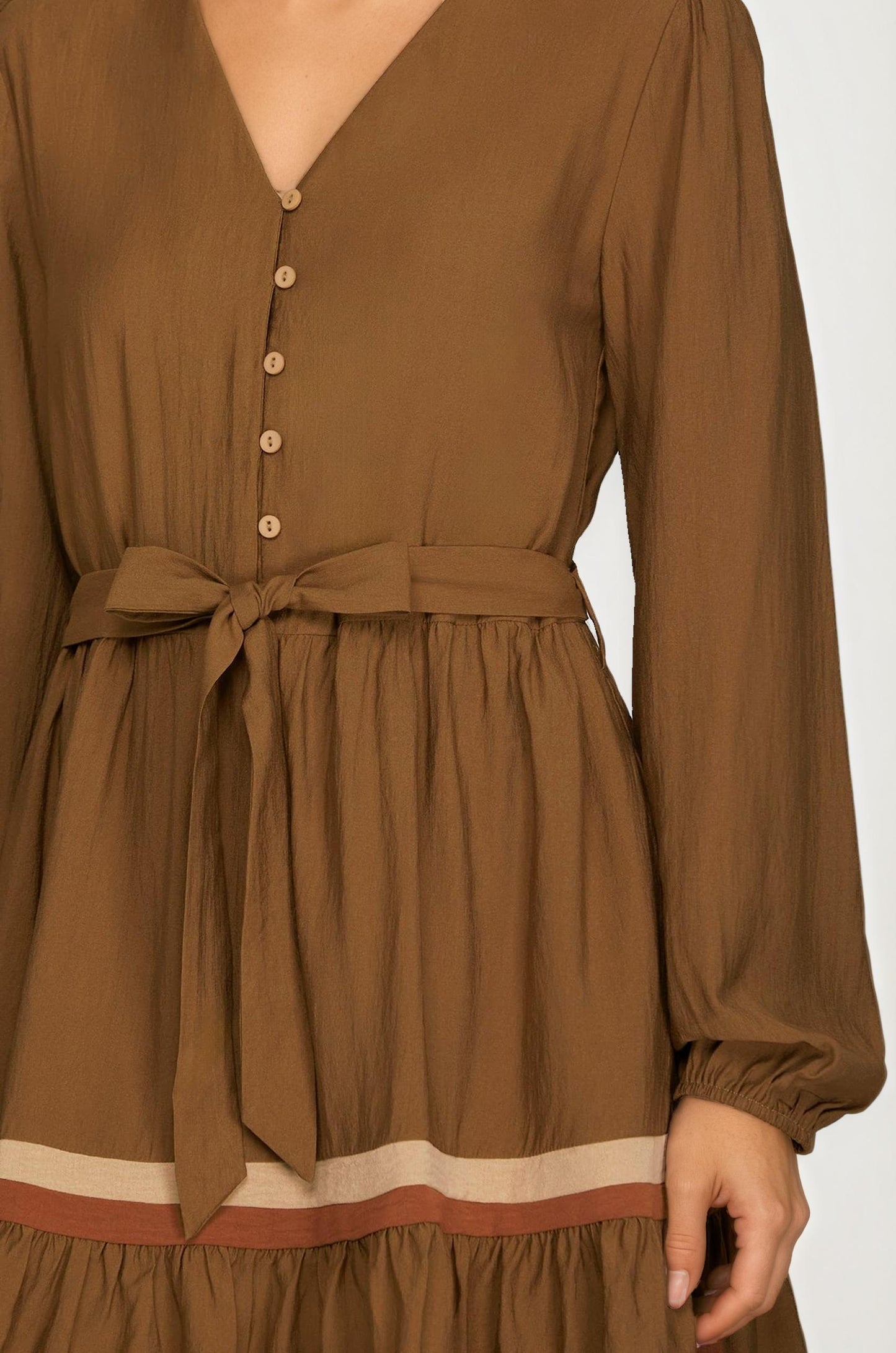 Long Sleeve Button Front Mini Dress with Tie Waist