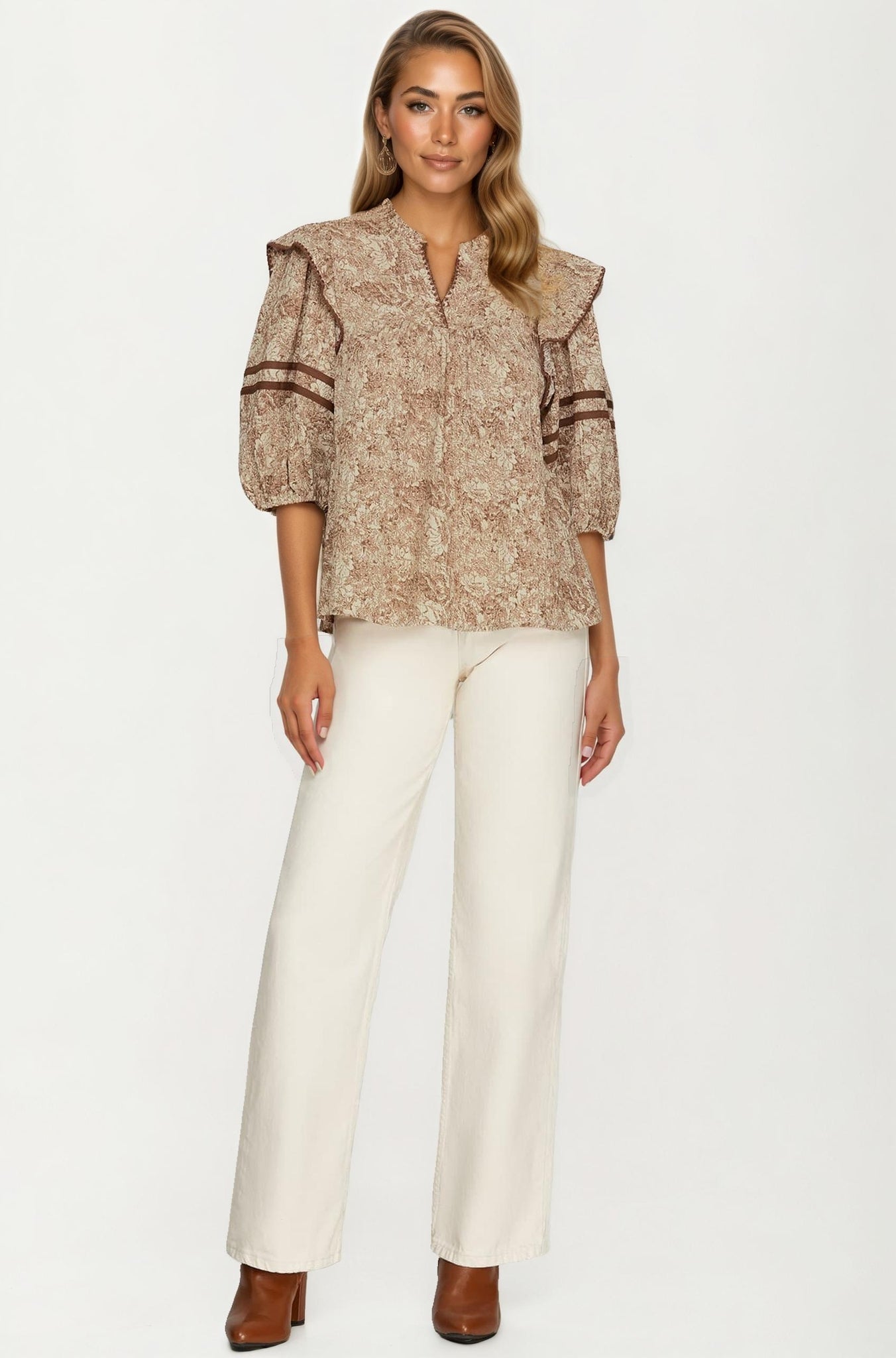 Floral Print Ruffle Shoulder Blouse with Half Sleeves