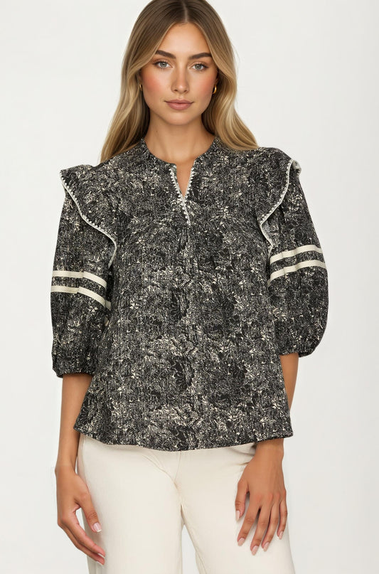 Floral Print Ruffle Shoulder Blouse with Half Sleeves