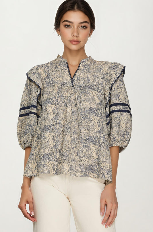 Floral Print Ruffle Shoulder Blouse with Half Sleeves