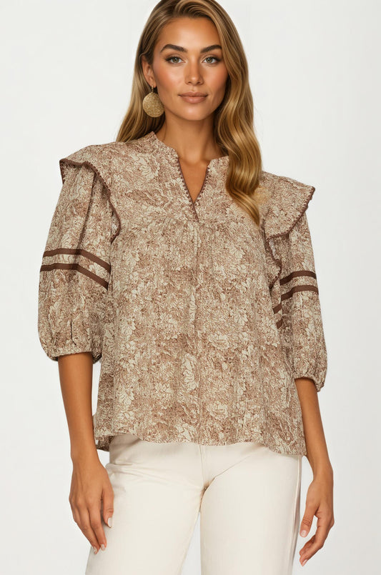 Floral Print Ruffle Shoulder Blouse with Half Sleeves