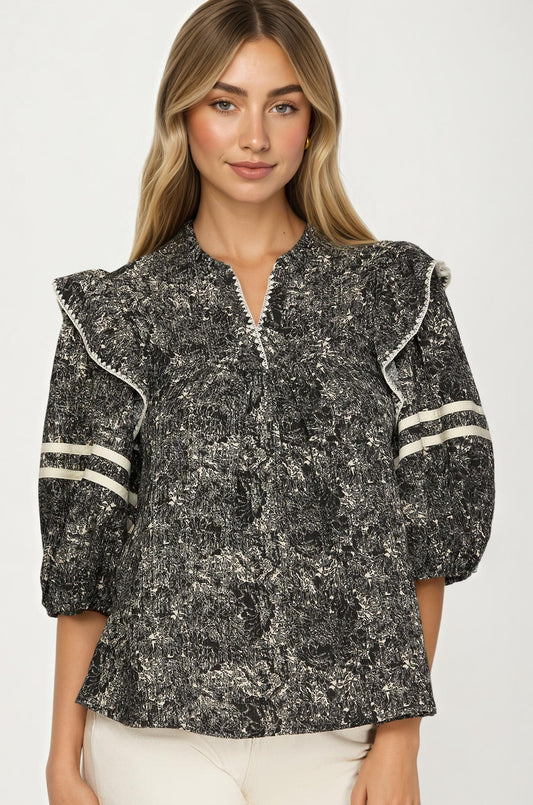 Floral Print Ruffle Shoulder Blouse with Half Sleeves
