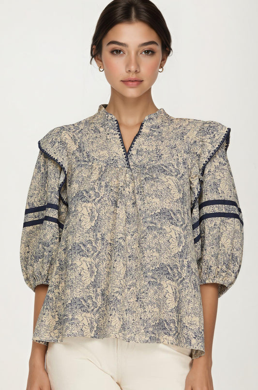 Floral Print Ruffle Shoulder Blouse with Half Sleeves