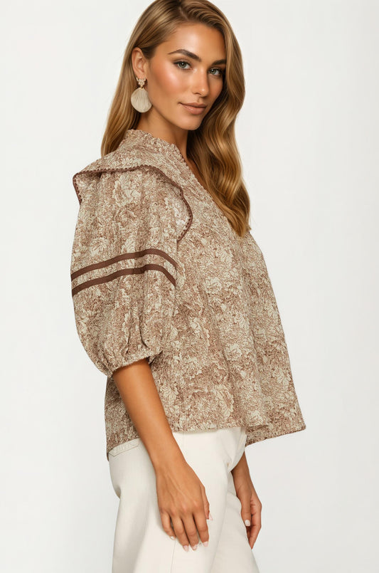 Floral Print Ruffle Shoulder Blouse with Half Sleeves