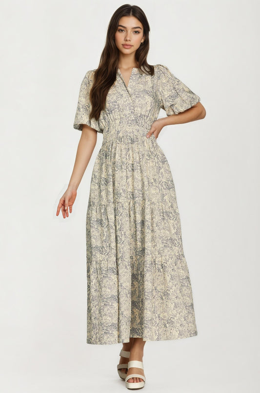 Floral Print Smocked Waist Maxi Dress with Short Sleeves