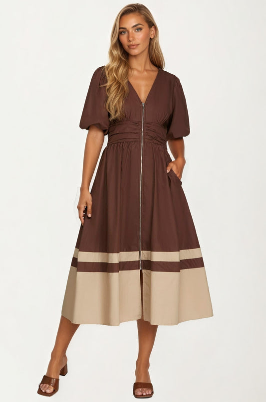 Colorblock Zip Front Midi Dress with Puff Sleeves
