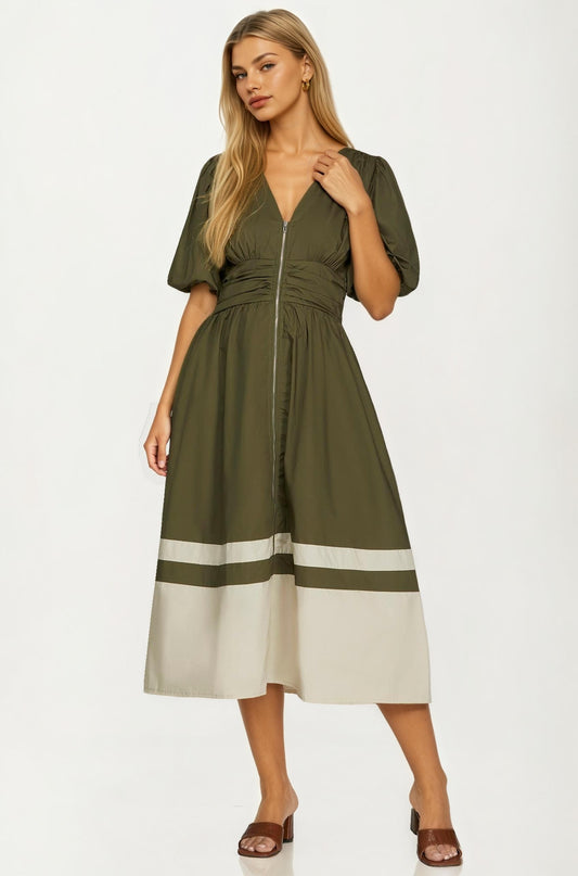 Colorblock Zip Front Midi Dress with Puff Sleeves