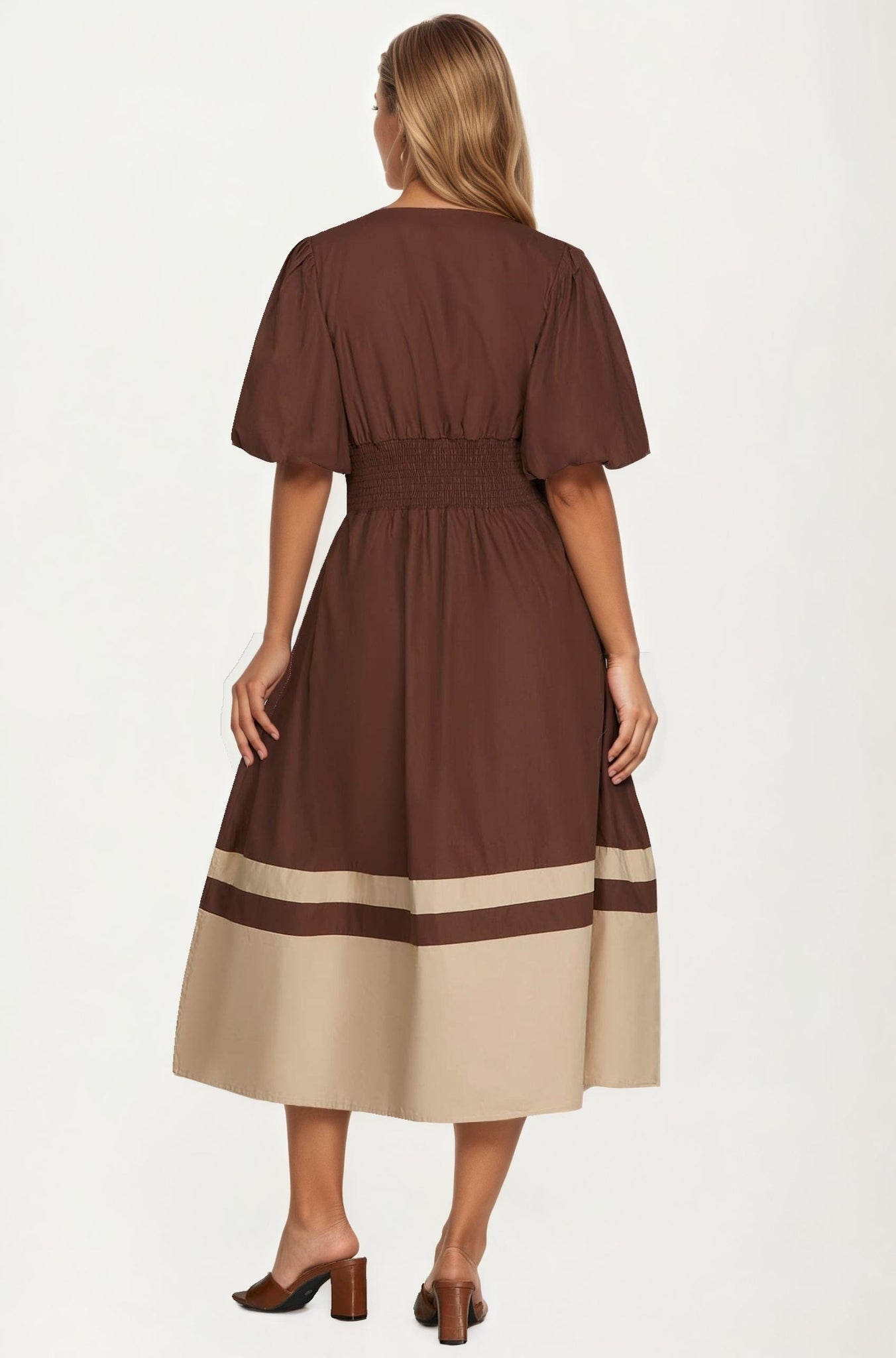 Colorblock Zip Front Midi Dress with Puff Sleeves