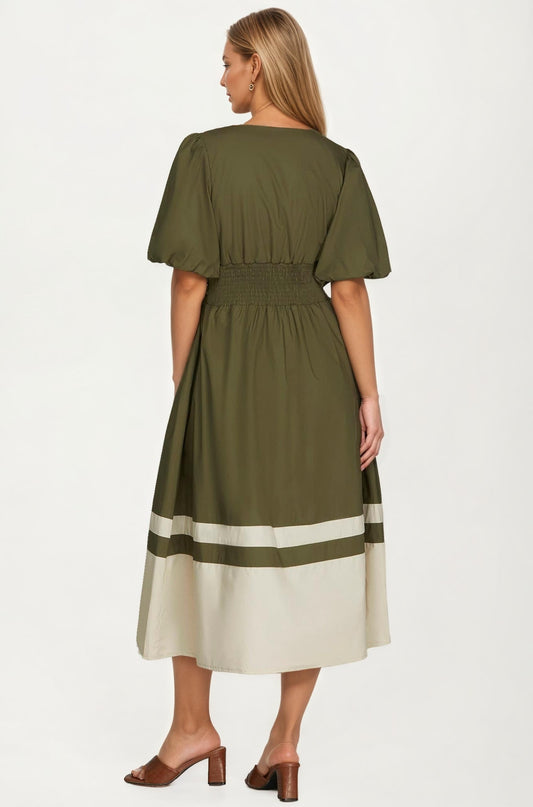 Colorblock Zip Front Midi Dress with Puff Sleeves