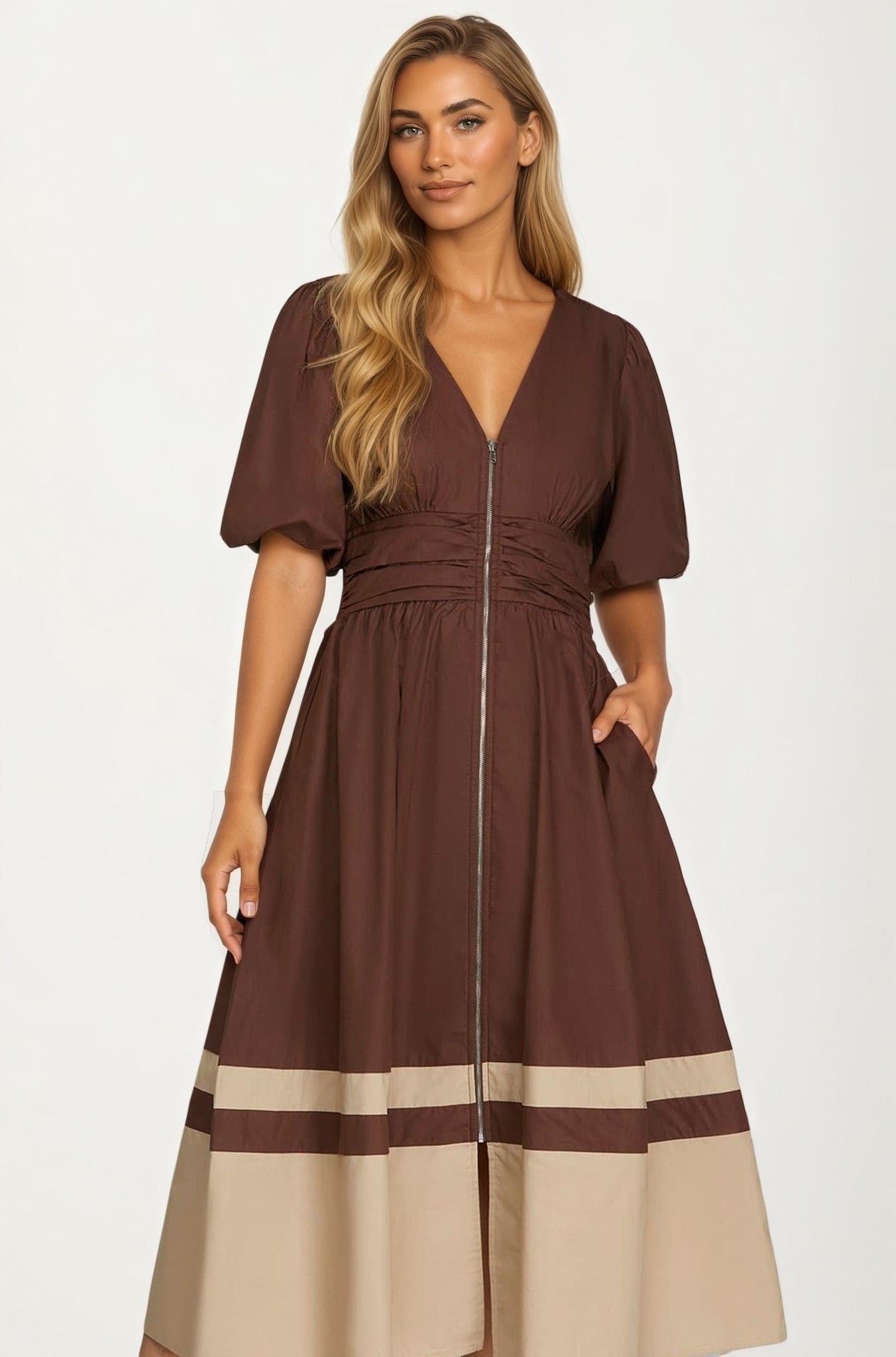 Colorblock Zip Front Midi Dress with Puff Sleeves
