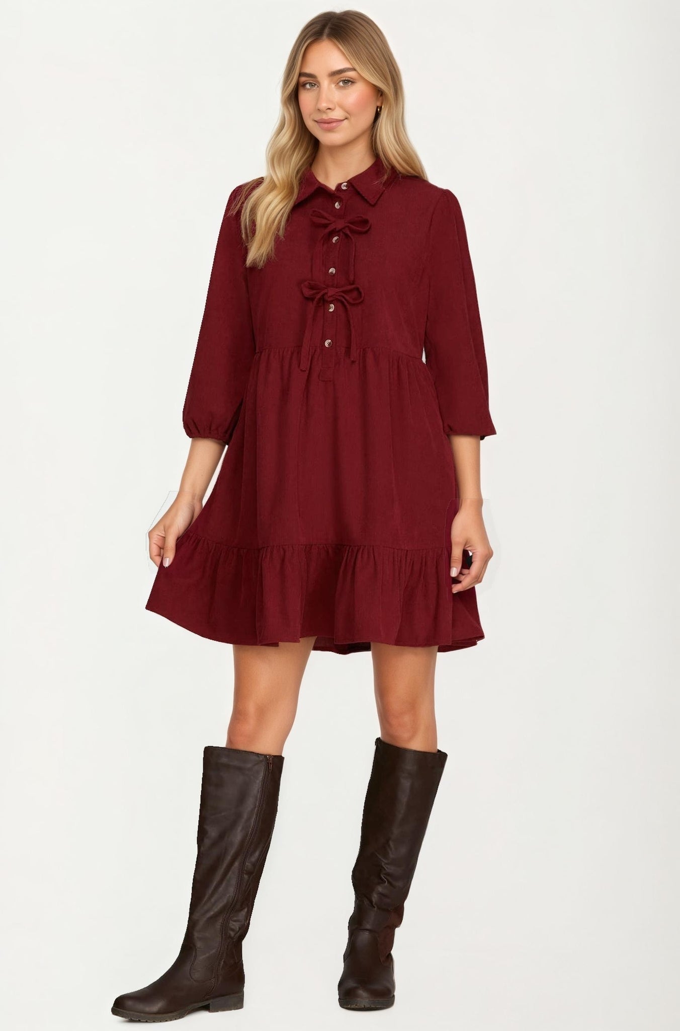 Bow Front Corduroy Mini Dress with Ruffle Hem