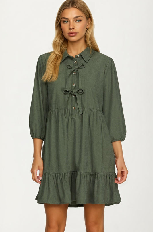 Bow Front Corduroy Mini Dress with Ruffle Hem