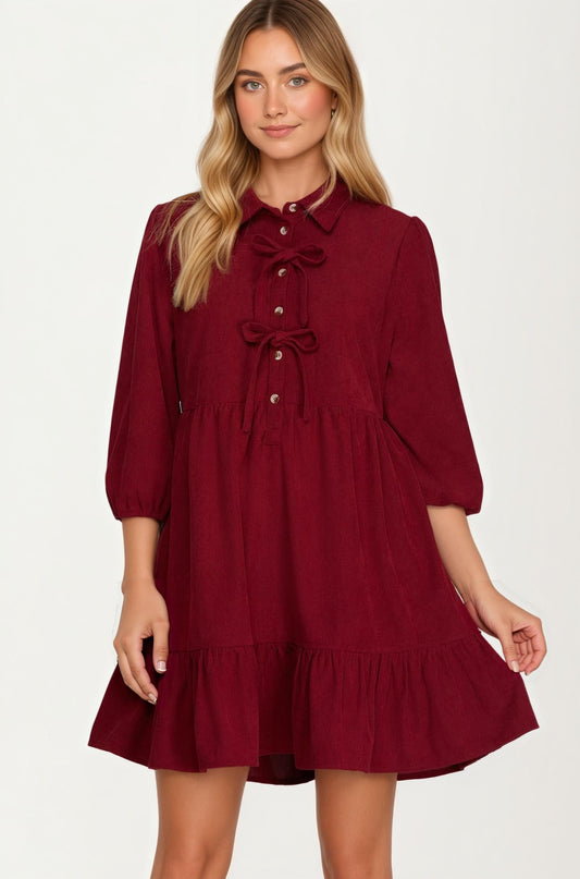Bow Front Corduroy Mini Dress with Ruffle Hem