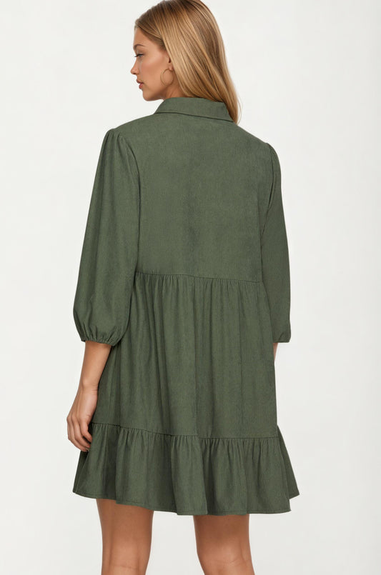 Bow Front Corduroy Mini Dress with Ruffle Hem