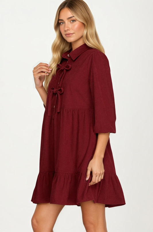 Bow Front Corduroy Mini Dress with Ruffle Hem