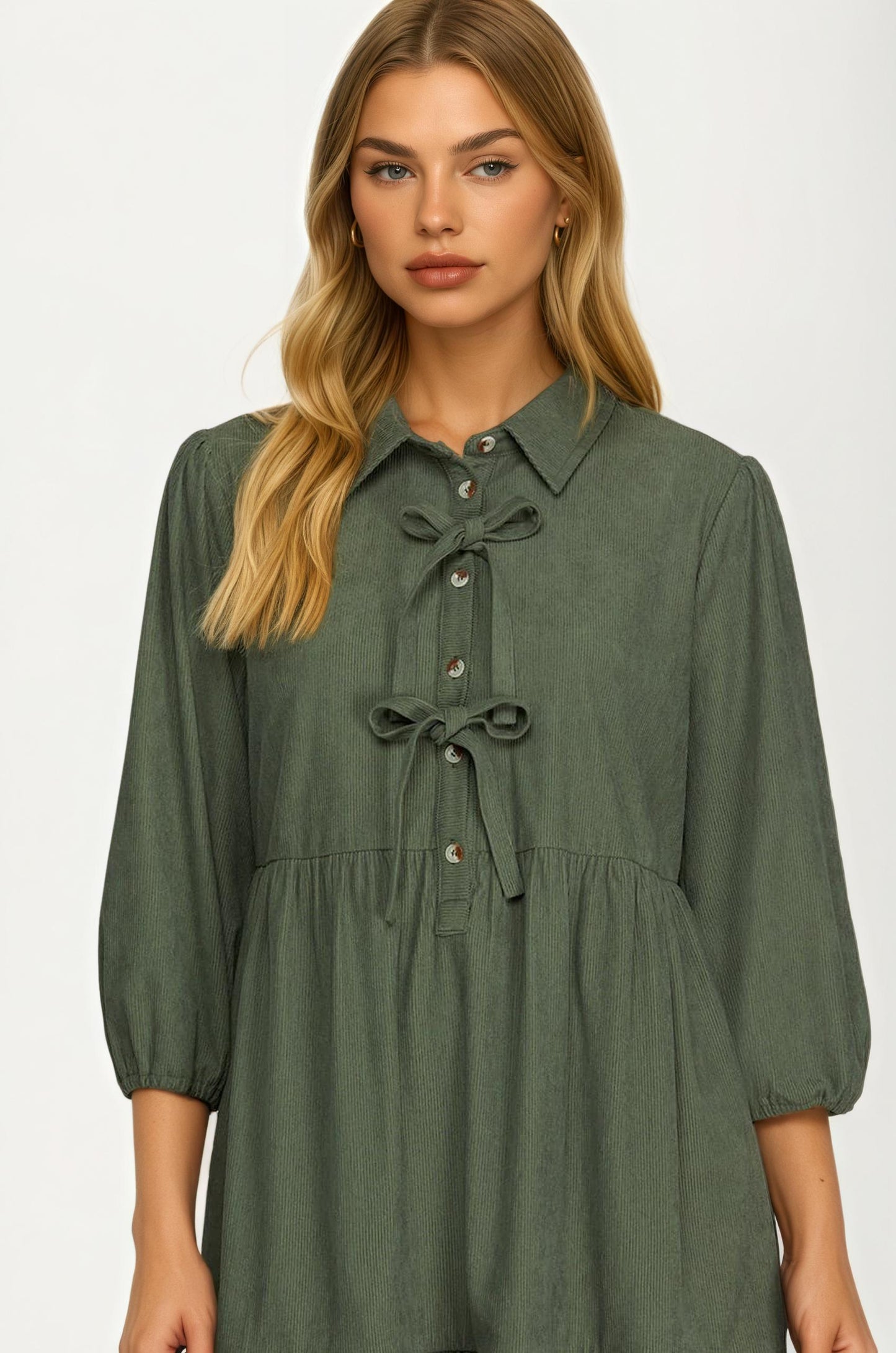 Bow Front Corduroy Mini Dress with Ruffle Hem