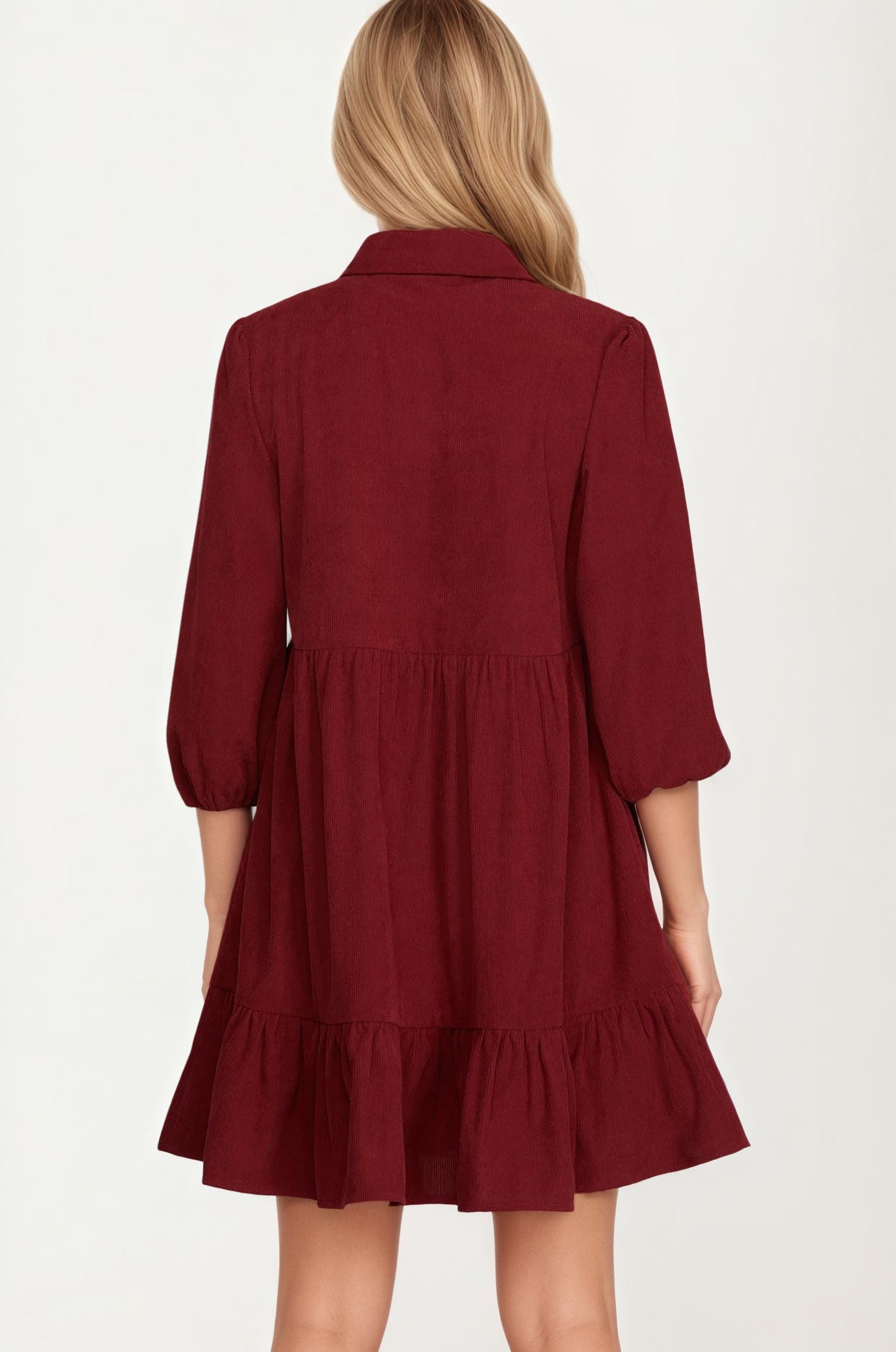 Bow Front Corduroy Mini Dress with Ruffle Hem