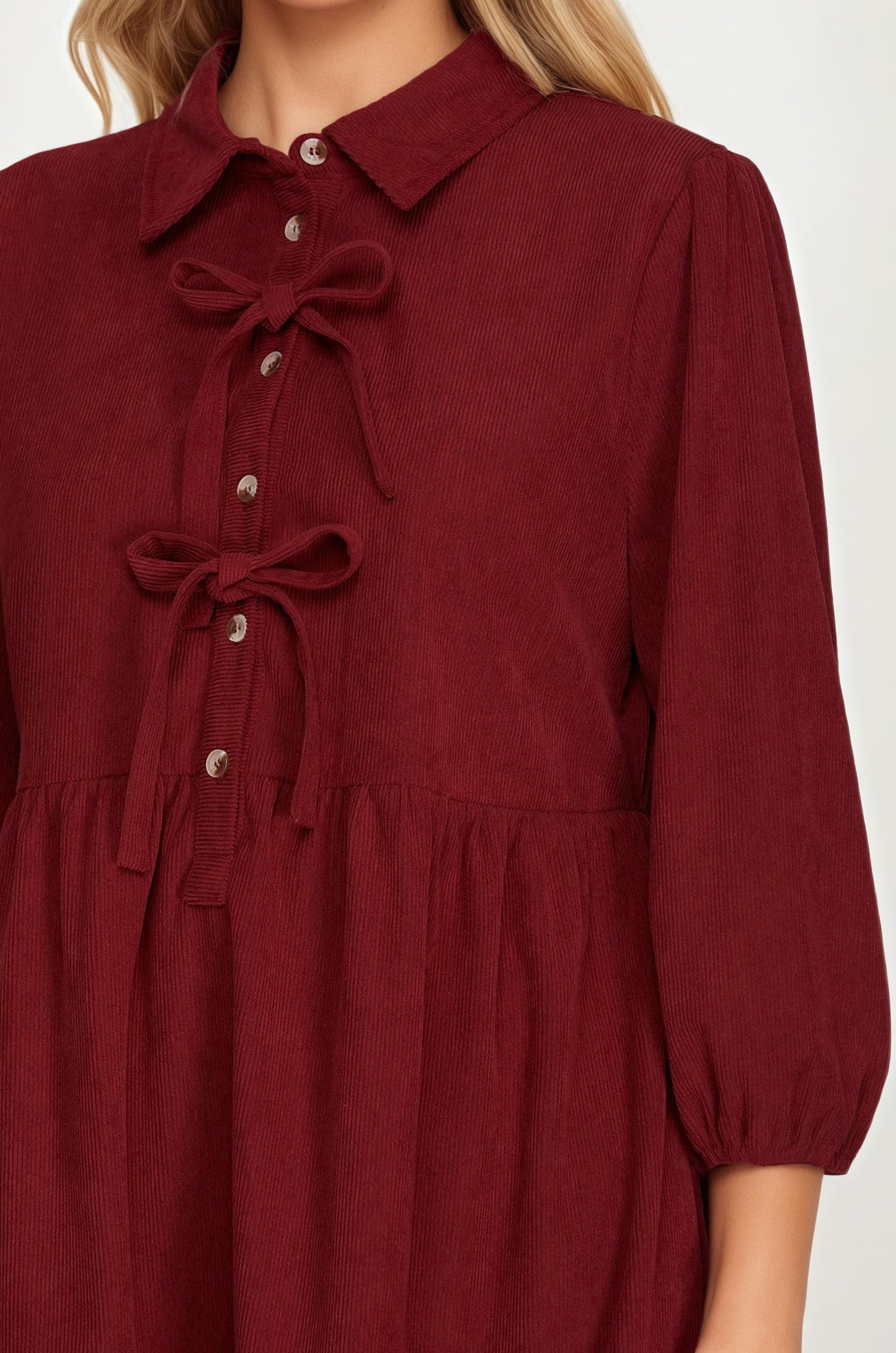 Bow Front Corduroy Mini Dress with Ruffle Hem