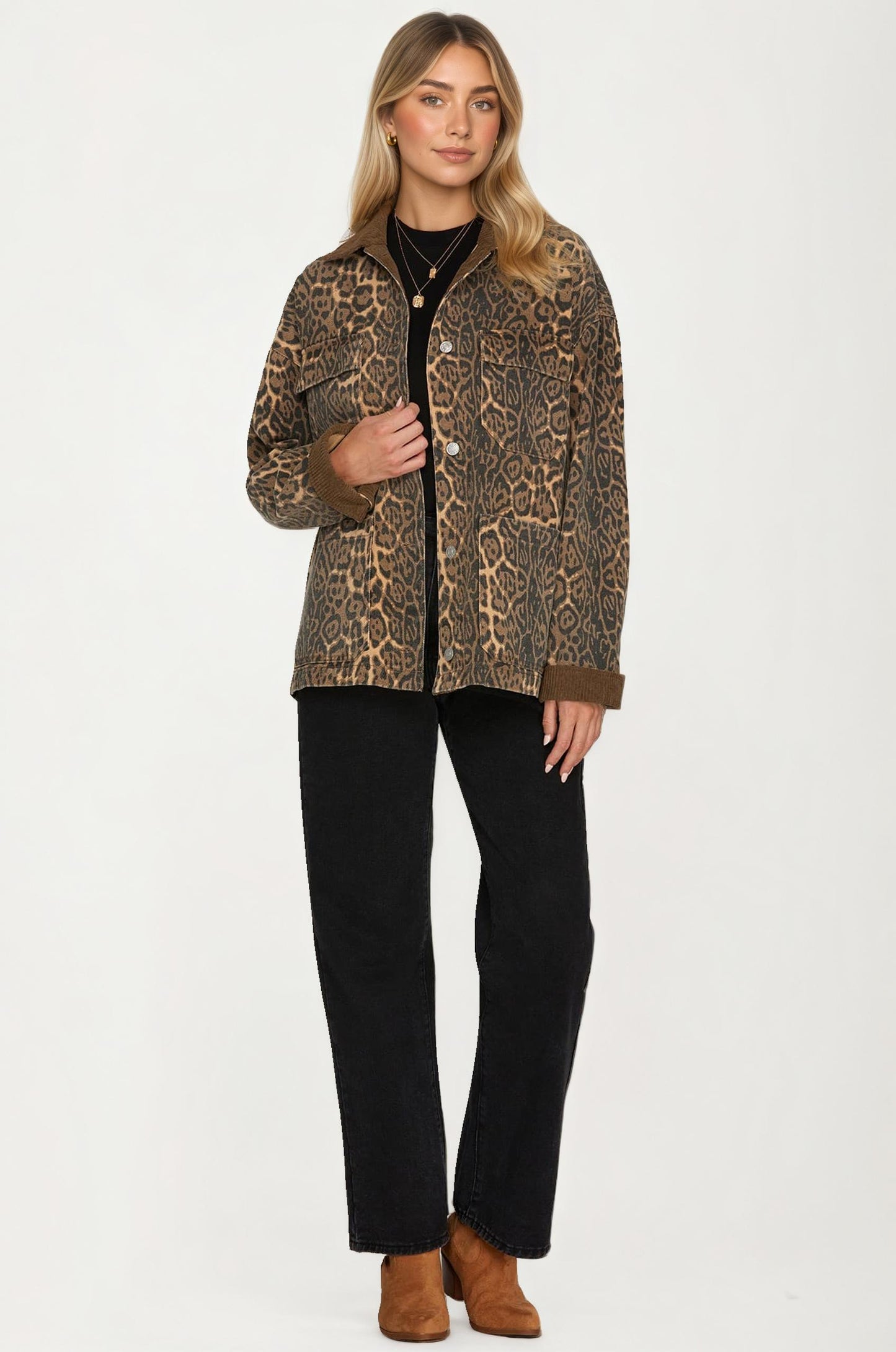 Leopard Print Button Front Shacket with Pockets