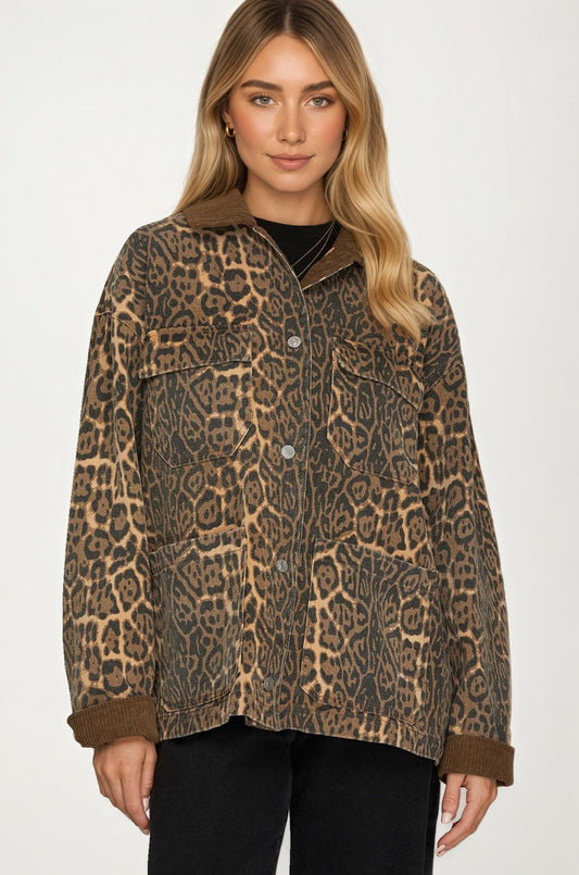 Leopard Print Button Front Shacket with Pockets