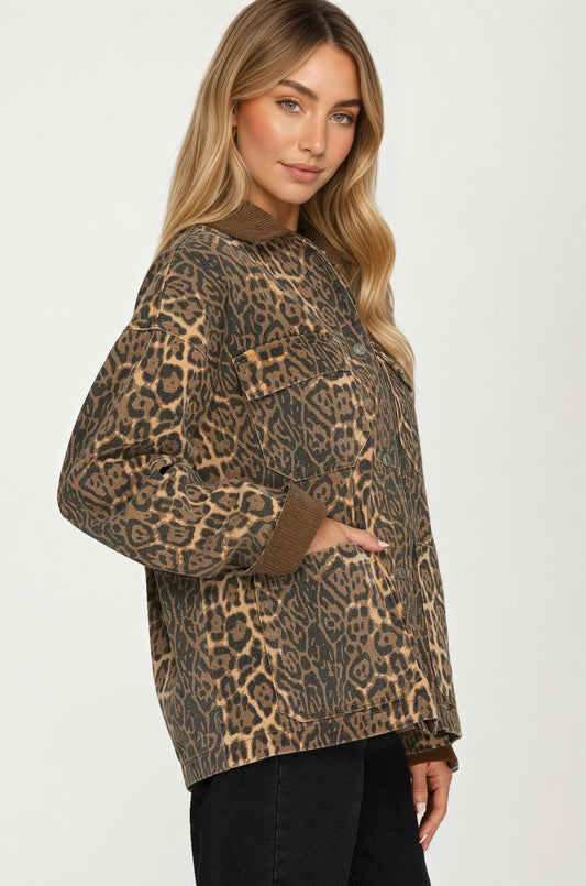 Leopard Print Button Front Shacket with Pockets