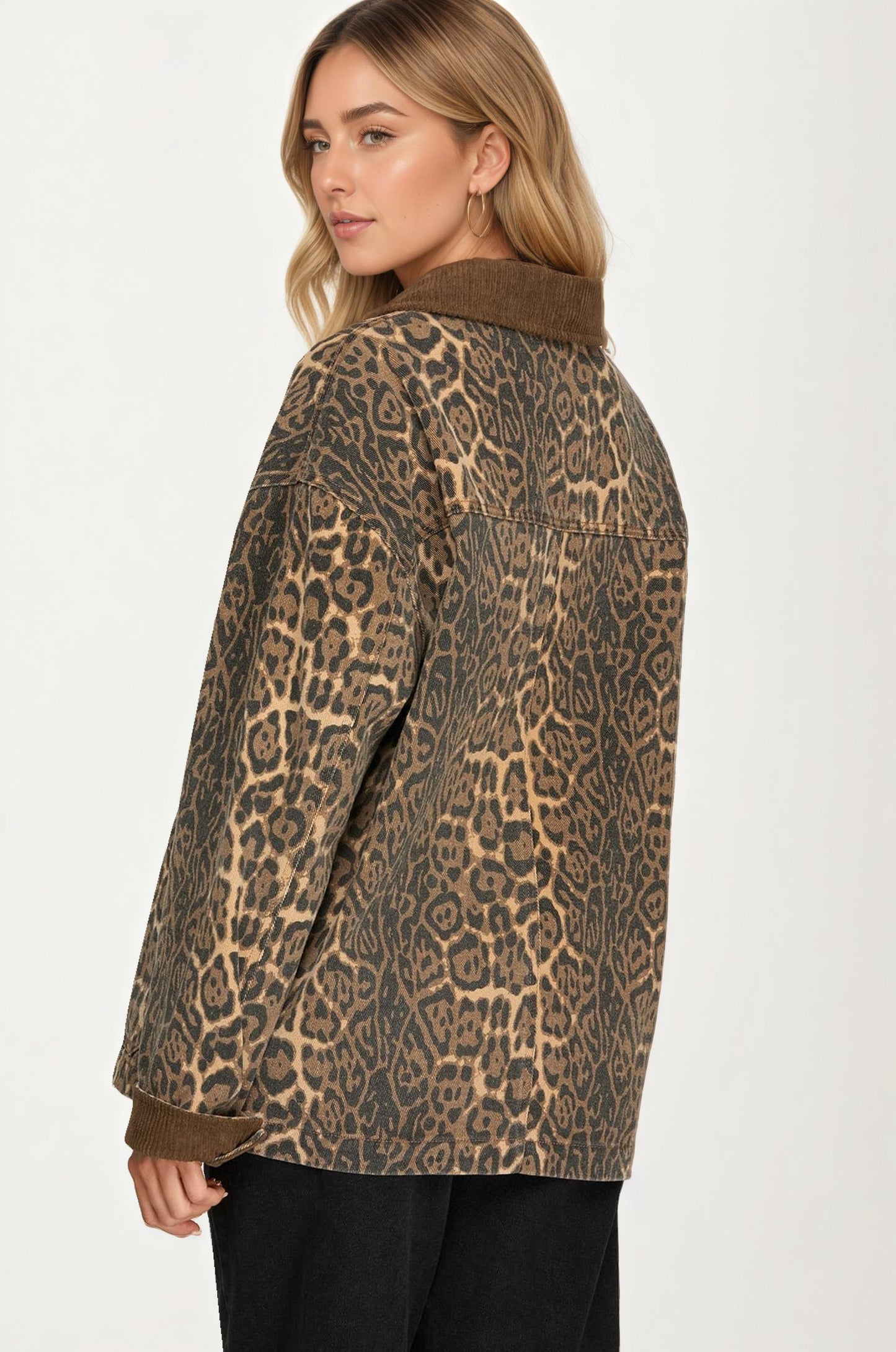 Leopard Print Button Front Shacket with Pockets