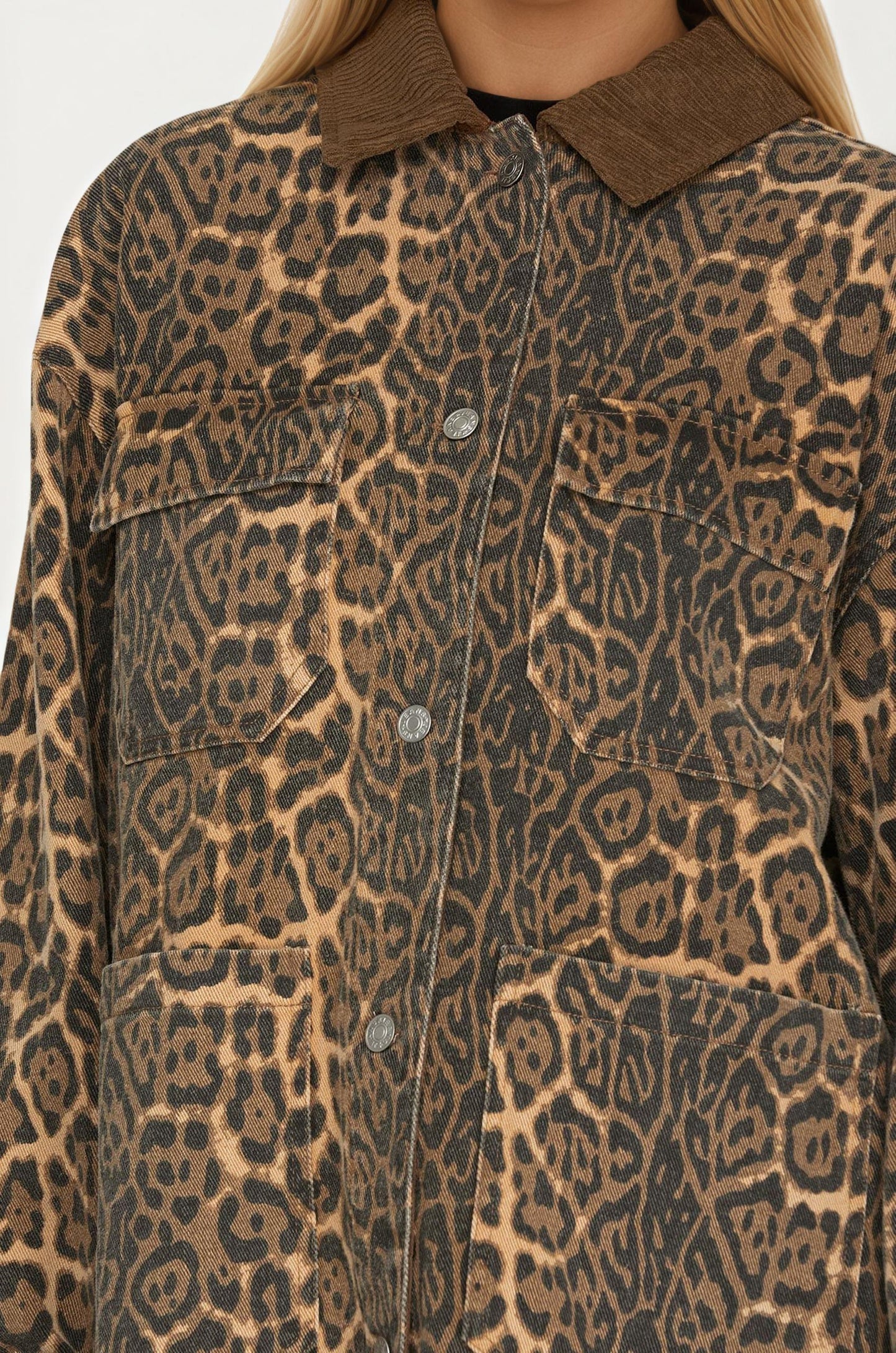 Leopard Print Button Front Shacket with Pockets