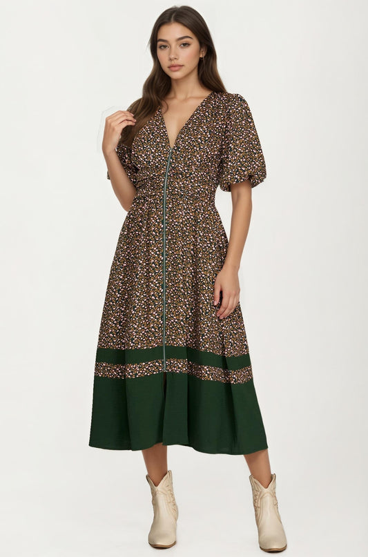 Floral Print Zip Front Midi Dress with Short Sleeves
