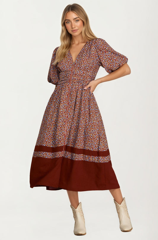 Floral Print Zip Front Midi Dress with Short Sleeves