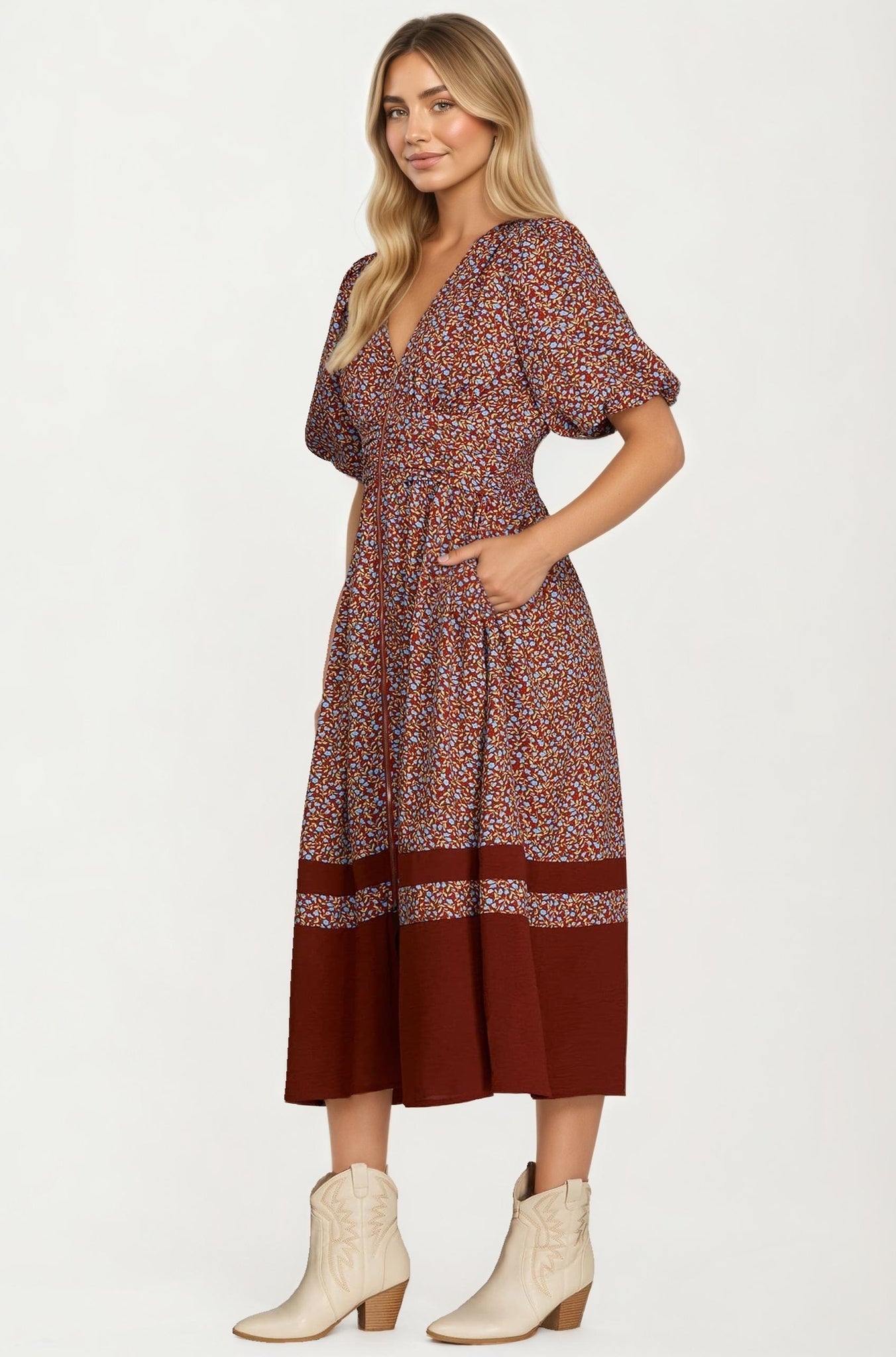 Floral Print Zip Front Midi Dress with Short Sleeves