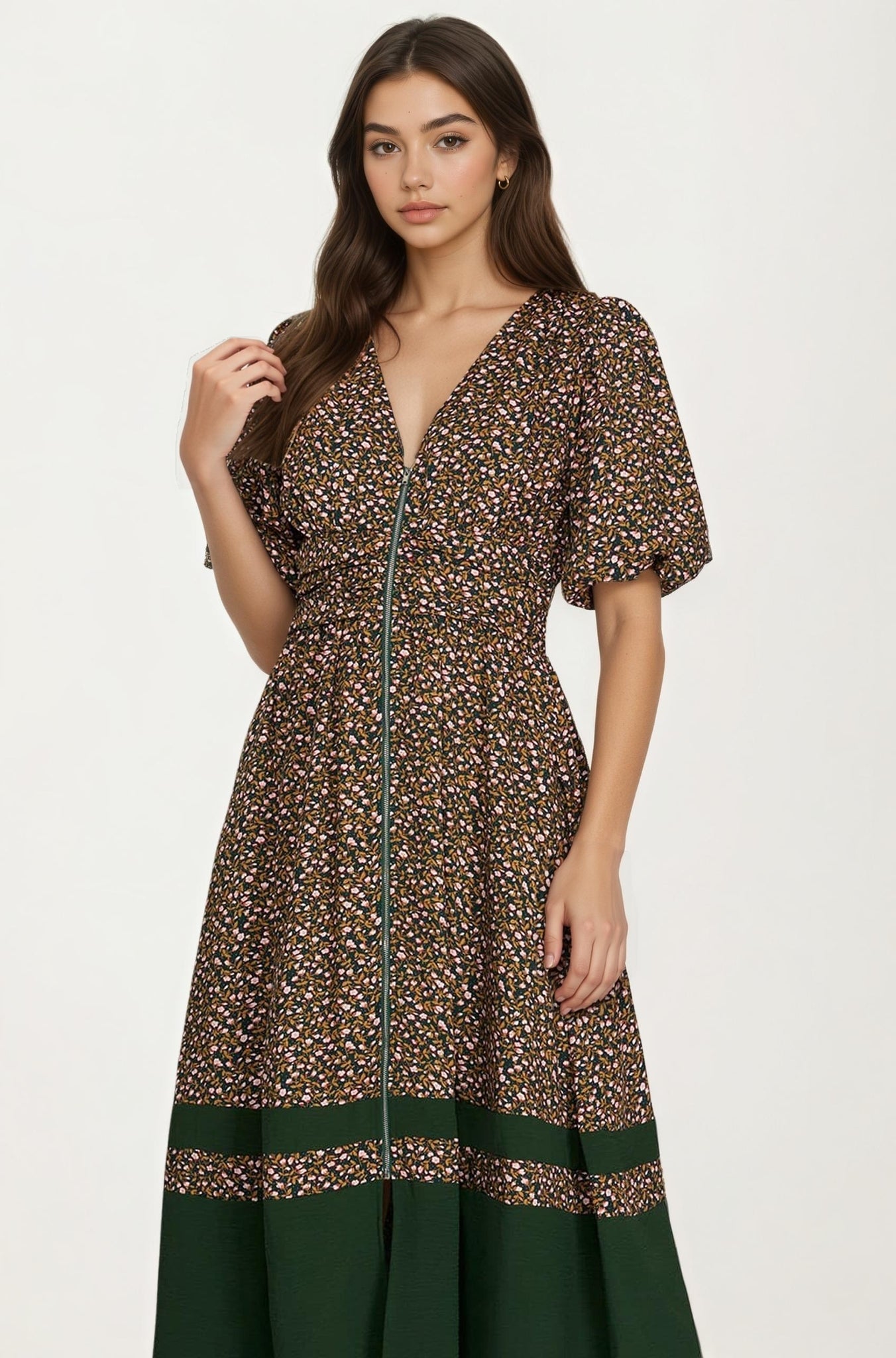 Floral Print Zip Front Midi Dress with Short Sleeves